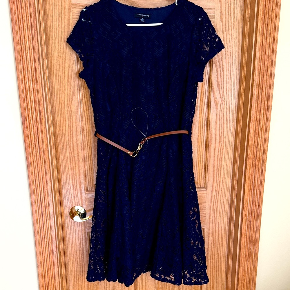 Sharagano Navy Lace Midi Dress with Brown Belt